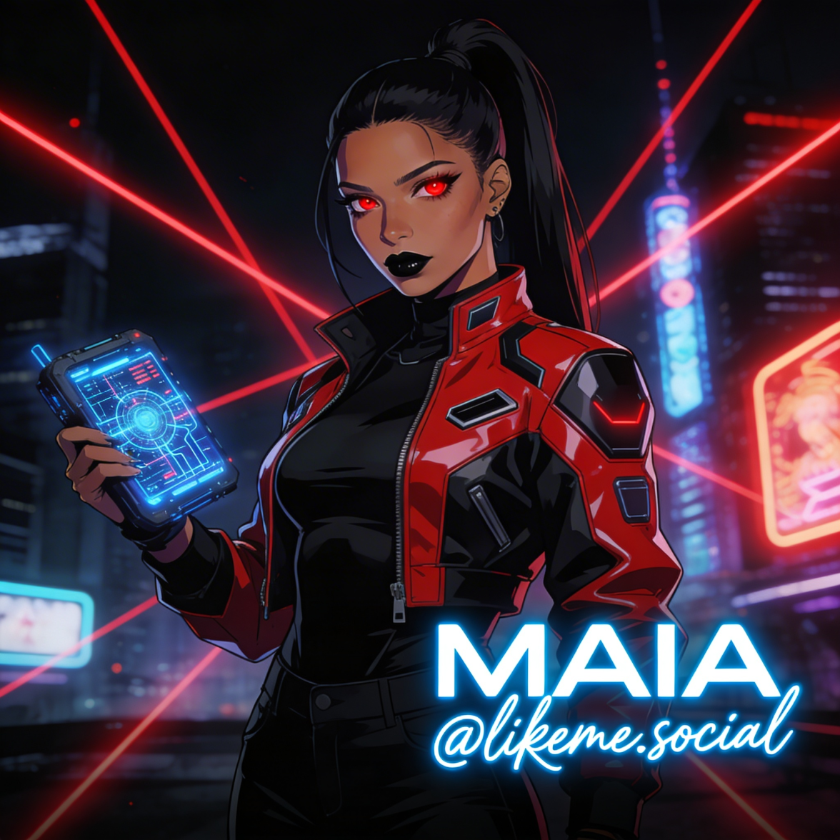 MAIA: a cyberpunk portrait of a woman with a high black ponytail and glowing red eyes, wearing a red-and-black jacket and holding a glowing circuit-board tablet against a neon-lit city skyline.